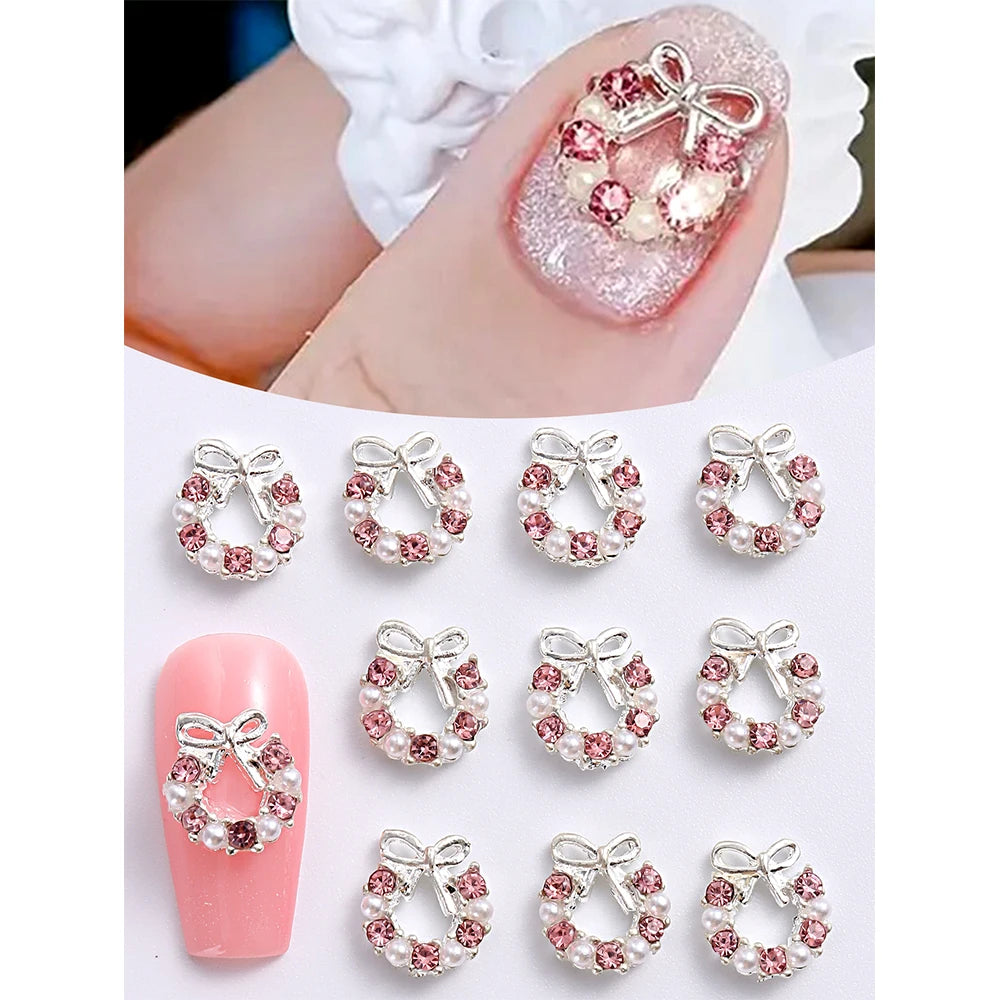 3D Christmas Nail Art Charms; Gold & Silver Bows and Wreaths; Cute Winter Designs for DIY Manicures and Salon Accessories