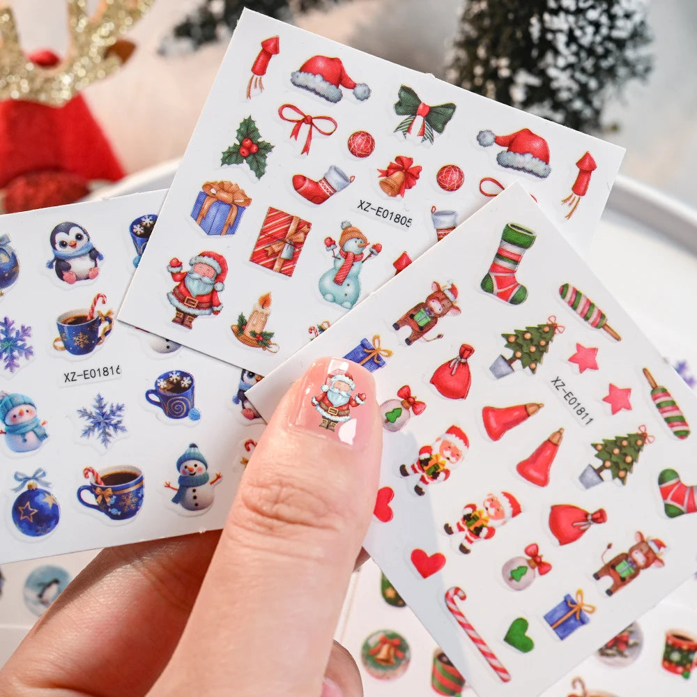 30pcs Cartoon Christmas Mini Nail Stickers Set Snowman, Snowflake, Penguin, Candy Adhesive Nail Decals Winter Manicure Sliders