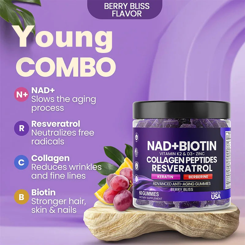 NAD+ Biotin Gummies with Vitamin D3 K2 Zinc Keratin Skin Care Anti Aging Whitening Skin Nail and Hair Care Supplement