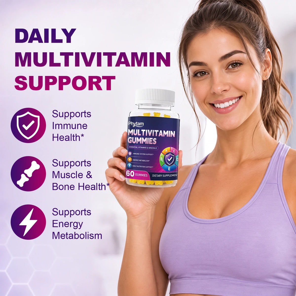 PHYTAM Adult Multivitamin Bear Gummies 14 in 1 Vitamins Minerals Complex Vitamin C Zinc B D Energy Metabolism Immune Daily Nutritional Support 60 Counts