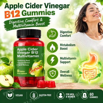Apple Cider Vinegar B12 Gummies Digestive Comfort Multivitamin Boost Metabolism for Men Women Free Vegan Gluten-Free 60 Gummies
