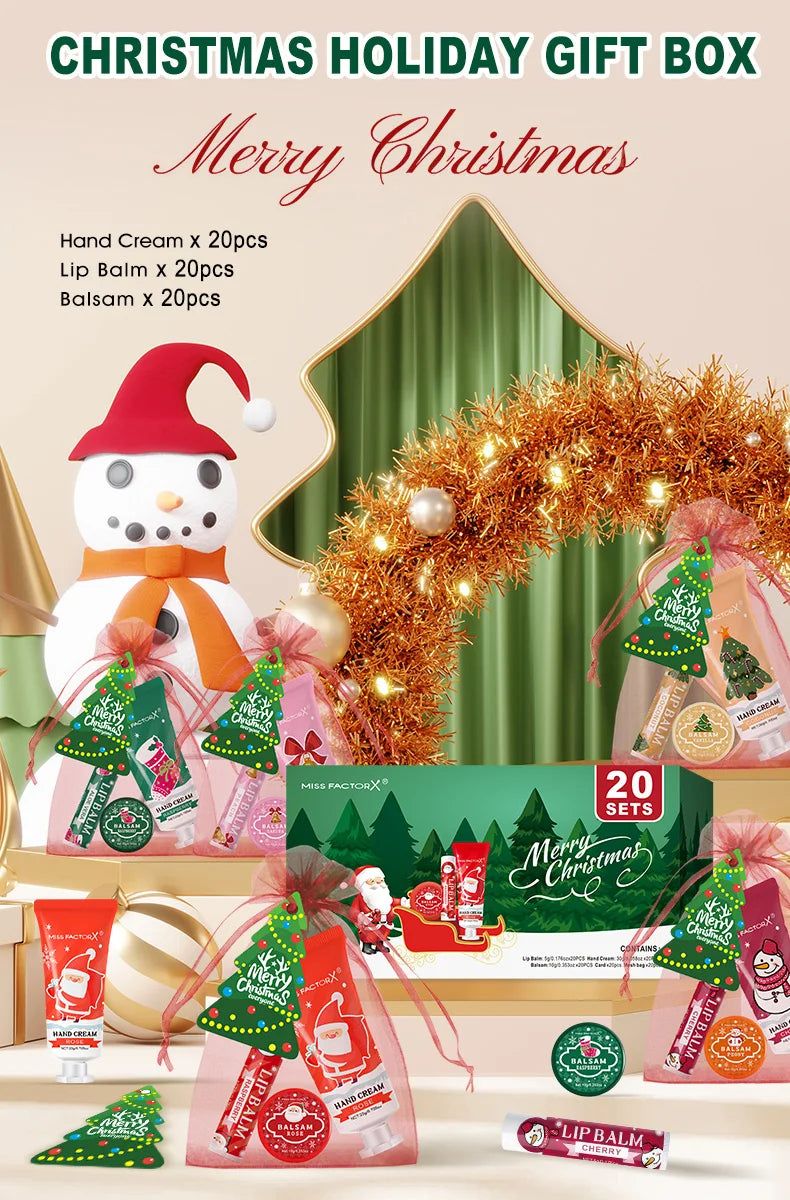 Christmas Assembly Gift Set - 20 Sets, Including Balm, Hand Cream, Lipstick, Red Gauze Bag, Christmas Tree Thank You Card