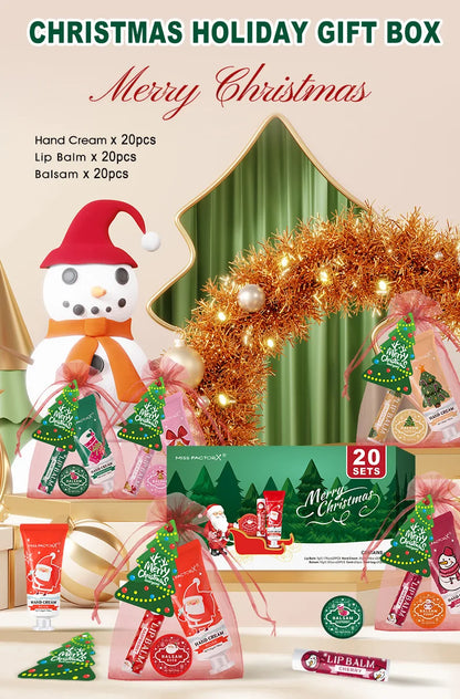 Christmas Assembly Gift Set - 20 Sets, Including Balm, Hand Cream, Lipstick, Red Gauze Bag, Christmas Tree Thank You Card