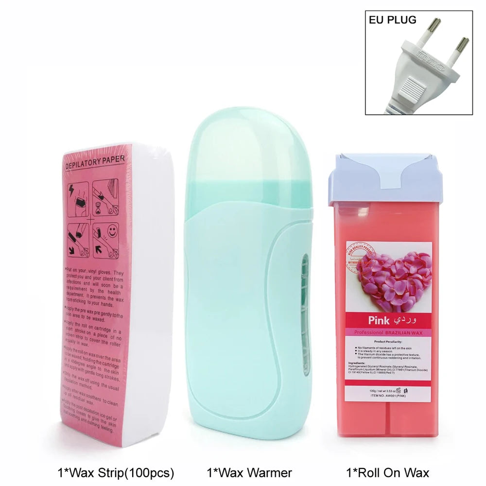 Women Home Hair Removal Kit Roll on Wax Warmer Honey Roller Wax Cartridge 100Pcs Depilatory Wax Strips Body Leg Arm Waxing Set