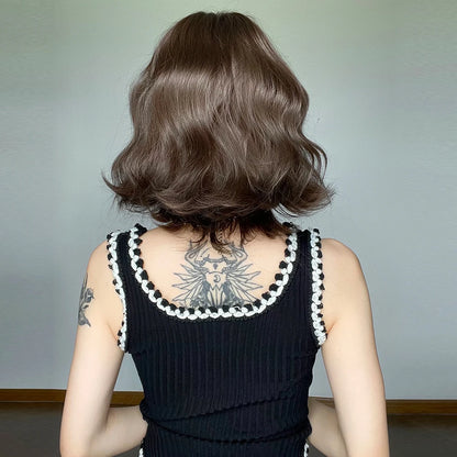 Curly Short Bob Brown Wavy Synthetic Wigs with Bangs Lolita Cosplay Brown Wig for Women Natural Daily Party Hair Heat Resistant