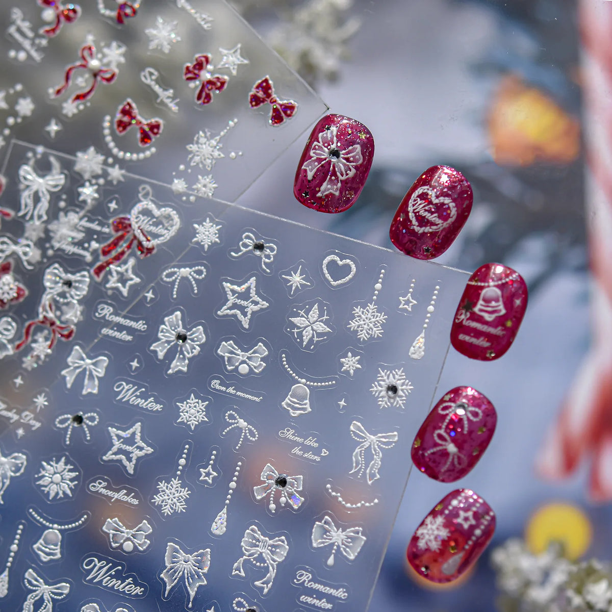 White Snowflake Red Bowknot Nail Art Sticker Adhesive High Quality Winter DIY Nail Art Decal Foil Decoration