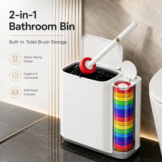 Joybos Trash Can And Toilet Brush Set, Bathroom Trash Can With 14 Disposable Toilet Brush, Includes Cleaning Brush Head, Toilet Brush Cleaner, Storage Bins With Lids, Narrow Design, Bathroom And Apartment Supplies, Halloween