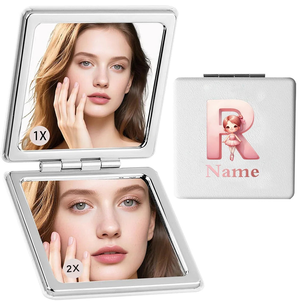 Customized Name PU Handheld Makeup Mirror Cover Dressing Double-Sided Portable Foldable Pocket Cosmetic Mirror