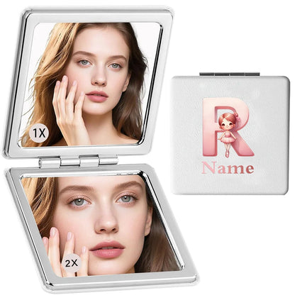 Customized Name PU Handheld Makeup Mirror Cover Dressing Double-Sided Portable Foldable Pocket Cosmetic Mirror