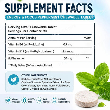 Docteat Peppermint Energy & Focus Chewable Tablets with L-Theanine and B Vitamins for Daily Vitality Support, 90 Tablets