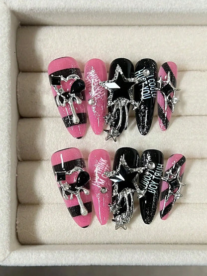 10 Pieces Of Long Water Drop Almond Tip Nails Handmade European And American Hot Girl Striped Nail Art Sequins Fine Glitter