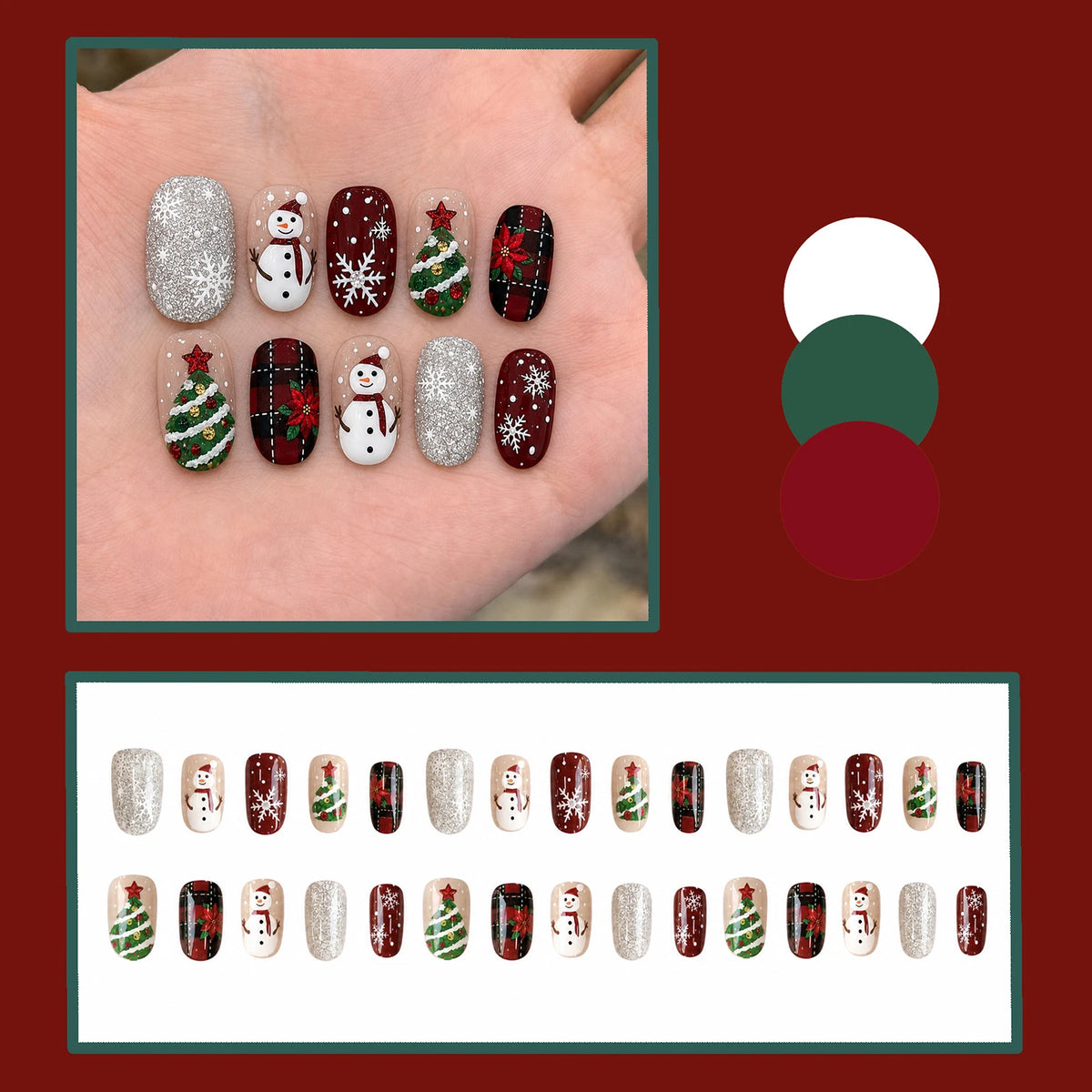 30pcs Red Plaid Festival False Nails Snowflake Snowman Xmas Tree Designs Press On Nails Christmas Short Round Fake Nail Tips