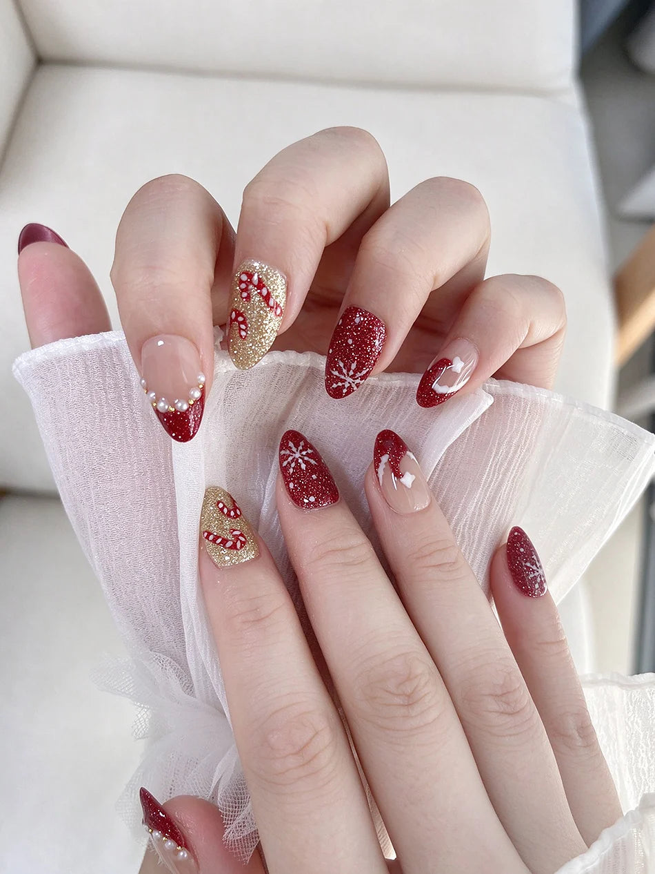 Hand Painted Christmas Fake Nails Short Almond Red Glitter Snowflake Candy Cane Pearl French Press On Nails Reusable  10 Pieces