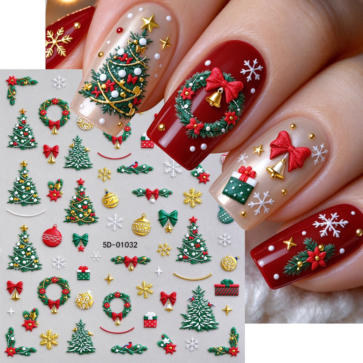 1pcs Gold-foiled Christmas Tree 5D Nail Stickers Bow Holly Snowflake Wreath Christmas Nail Decals Cartoon Merry Christmas Decora