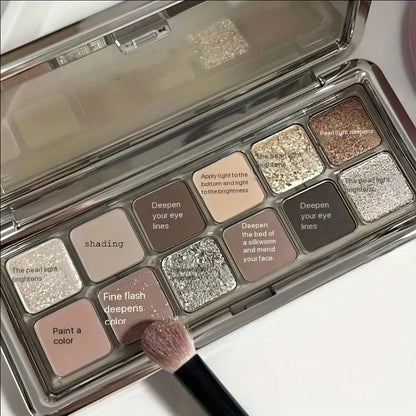 12-Color Cement Eyeshadow Palette Earth Tones Matte Pearl Glitter Waterproof Long-Lasting Korean Makeup Shiny Cold Tea Brown