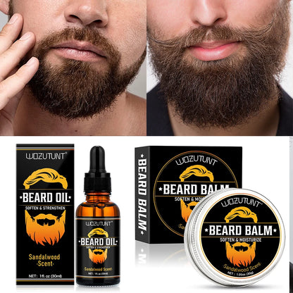 Men Beard Care Kit Beard Oil Balm Moisturizing Nourishing Soften Moustache Growth Strengthen Enhancer Oil with Trim Tool