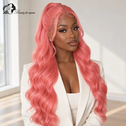 Coral Pink Body Wave Wig Long HD Lace Soft For Women Heat Friendly Voluminous Middle Part Smooth 180 Density Quality Sleek