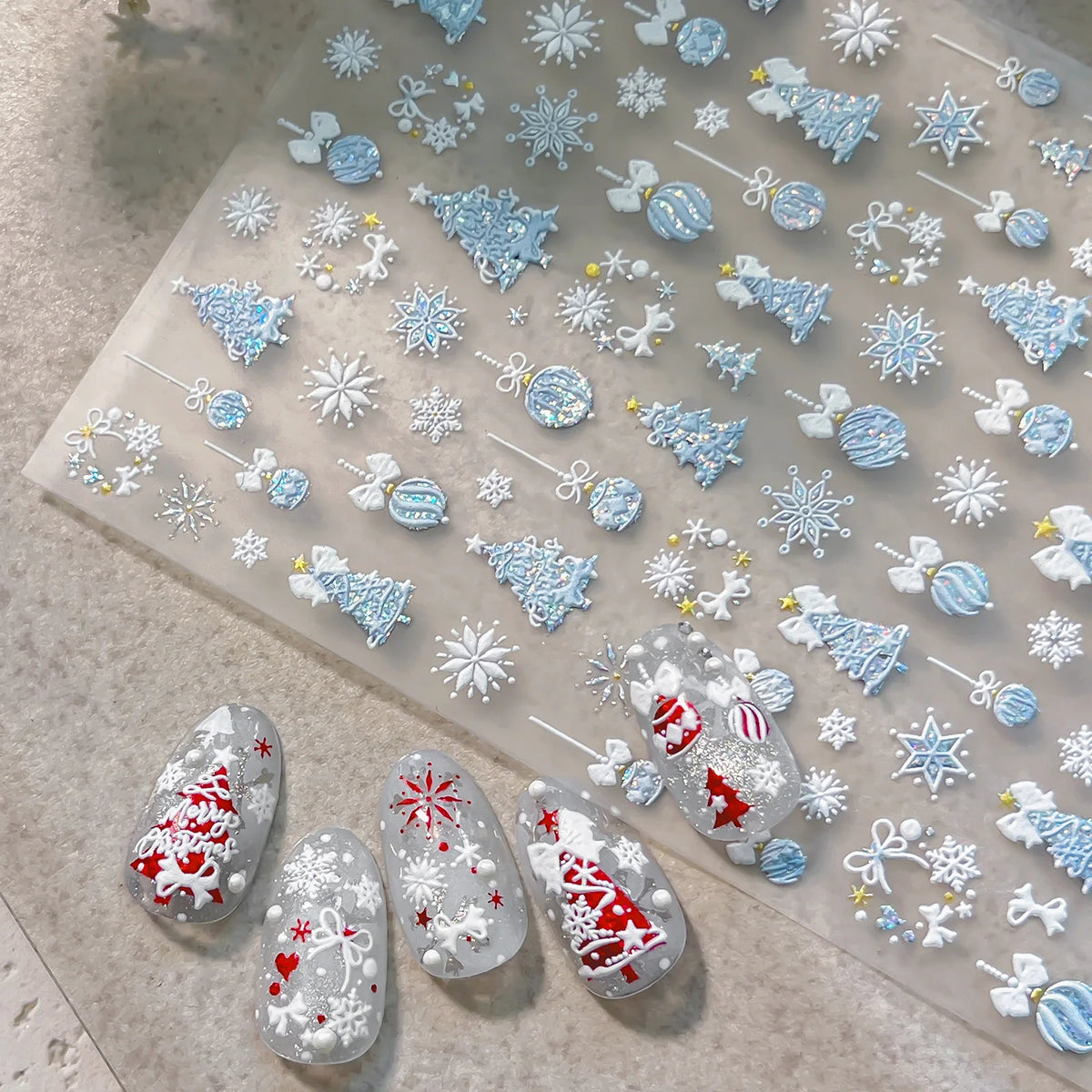 Tender Blue Christmas Tree Hanging Ball Ribbon Gold Star Snowflakes Bowknot Ring Adhesive Nail Charms Art Sticker Manicure Decal
