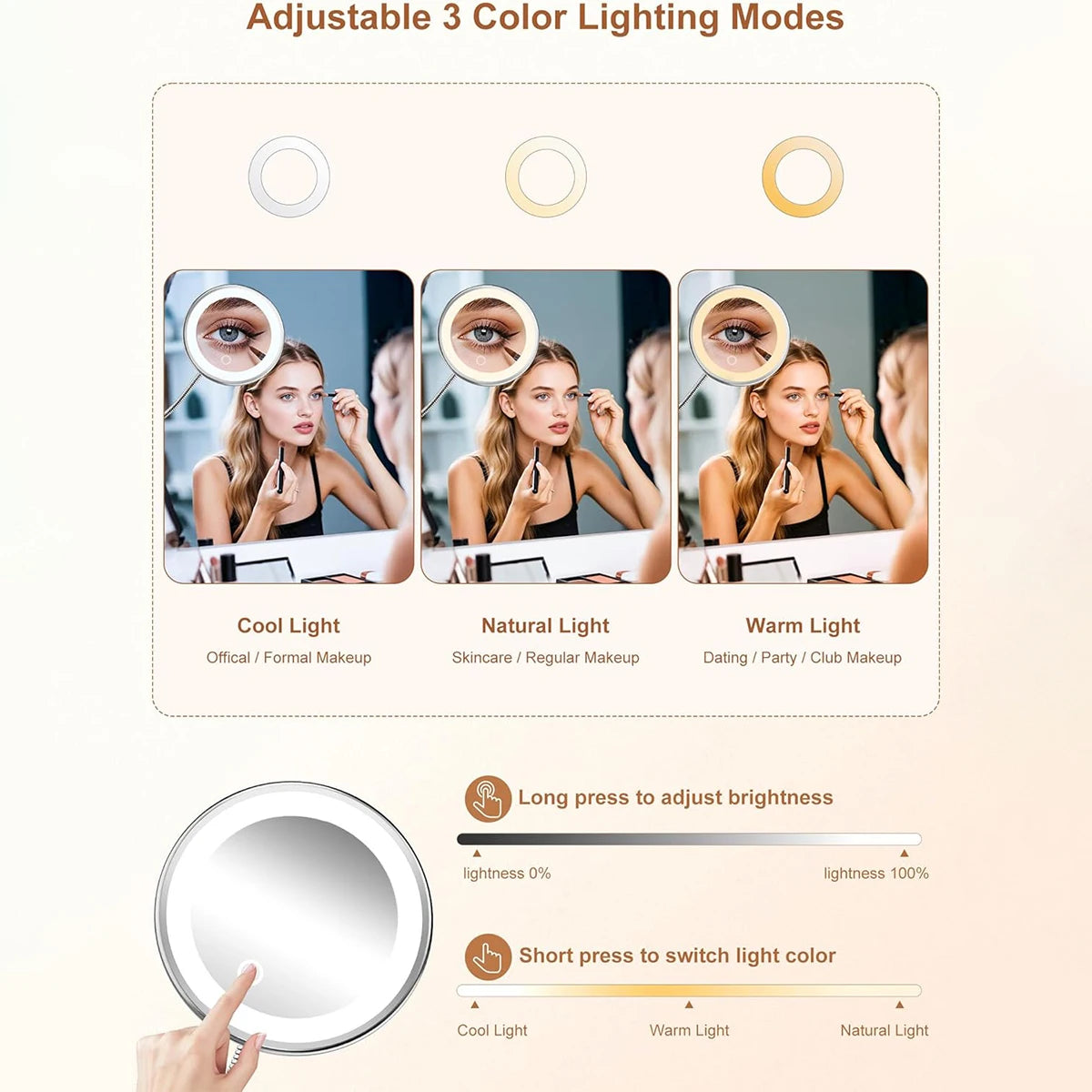 10X Magnifying Vanity Mirror with Light, Flexible Gooseneck Makeup Mirror, Battery Operated with Suction Cups & 3 Lighting Modes