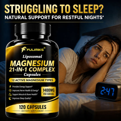 Magnesium 21-in-1 Capsules L-Theanine Ashwagandha CoQ10 B6 B12 D3 C Zinc, Support Nerve Relieve Stress Sleep Muscle Bone Health
