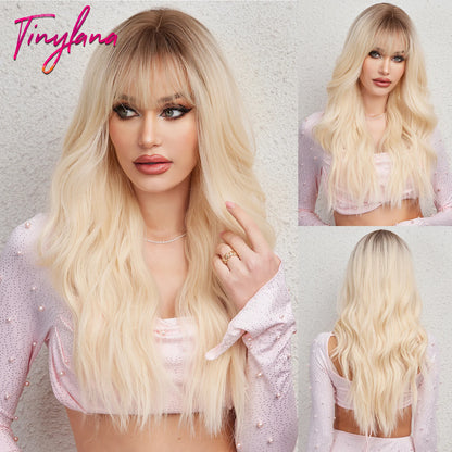 TINY LANA Synthetic Long Body Wave Hair Wigs Brown to Blonde Ombre Wig with Bangs for Women Natural Cosplay Heat Resistant Hair