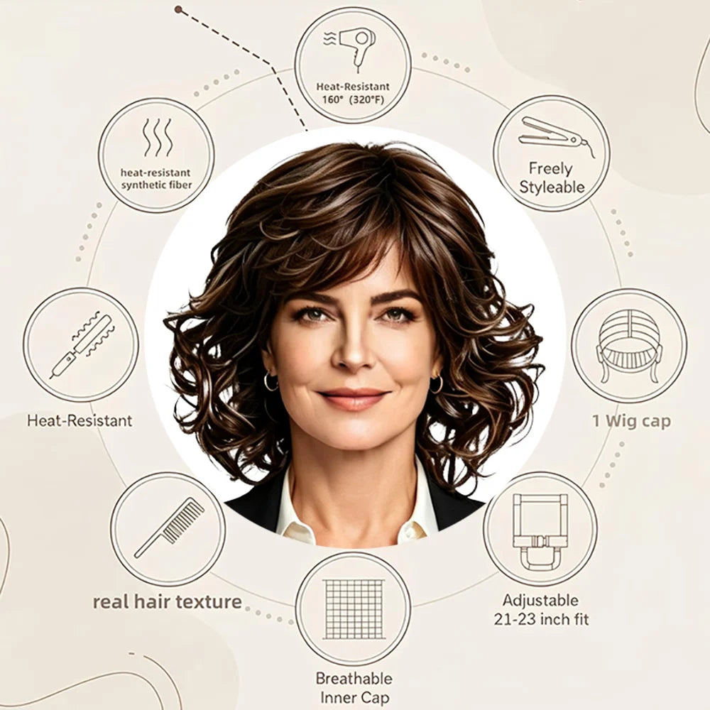 Short Curly Brown Wig with Blonde Highlights Women Synthetic Bob Wigs Natural Looking Side Bangs Heat Resistant For Daily Party