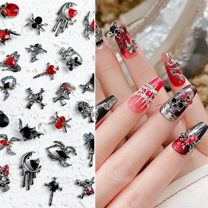 20PCS Multiple Style Alloy Skull Spider Nail Art Charms New Creative Glass Diamond Bat Halloween Nail Decorations for DIY Nails
