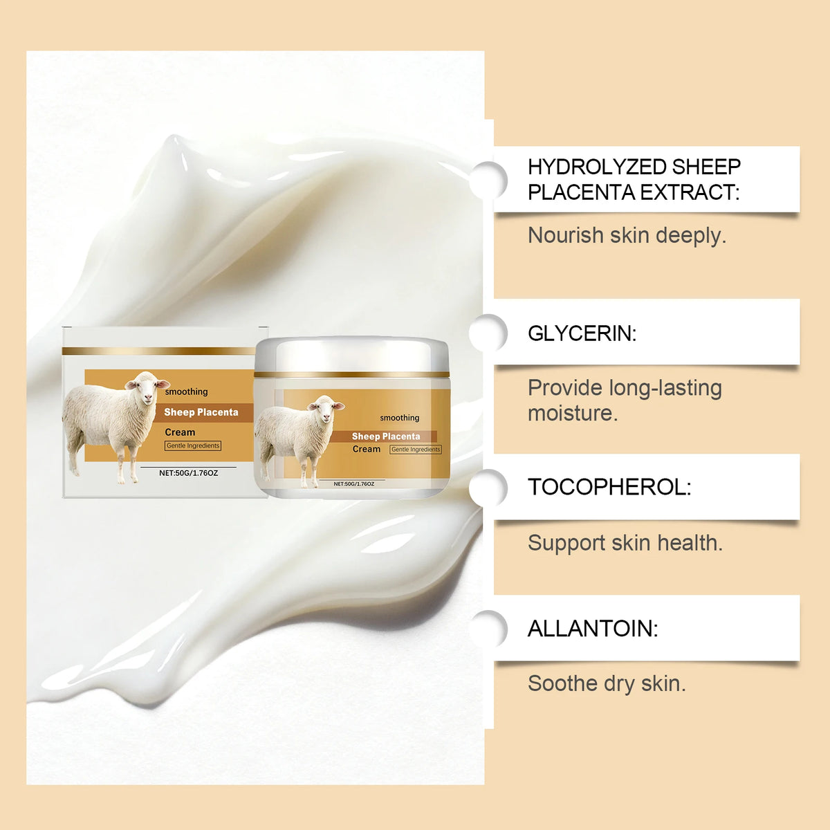 Hydrolyzed Sheep Placenta Cream Firming Lifting Anti-Aging Fade Fine Lines Nourishing Soothing Anti-Wrinkle Facial Cream Skincar