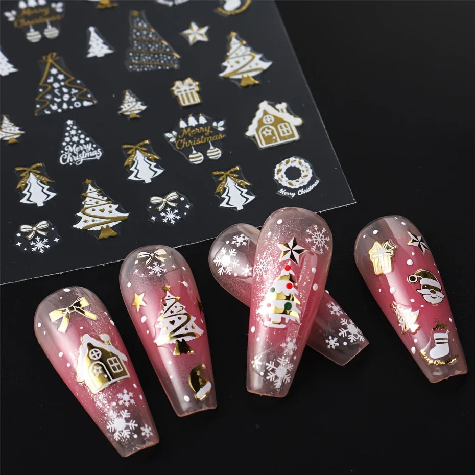 3pcs Christmas Nail Art Stickers - With Green Trees、Red Bow、Golden Decoration - Glossy Surface, Suitable for Holiday Nail Groomi