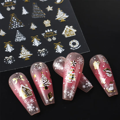 3pcs Christmas Nail Art Stickers - With Green Trees、Red Bow、Golden Decoration - Glossy Surface, Suitable for Holiday Nail Groomi