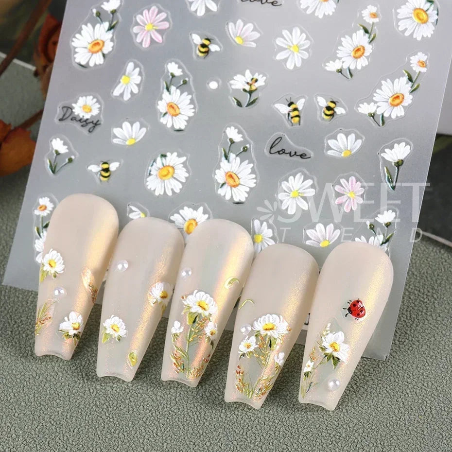 5D Daisy Flower Nail Stickers Cute Bee Blossom Petal Insect Self Adhesive Manicure Decal DIY Spring Summer Nail Art Decoration