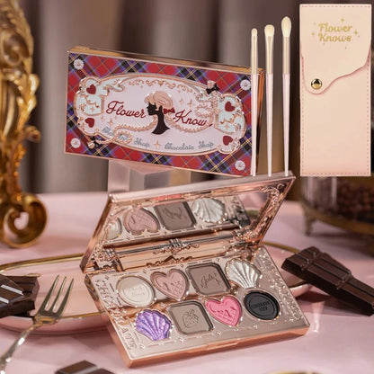 Flower Knows Chocolate Shop Highly Pigmented Eyeshadow Palette Shimmer Matte Glitter Long Lasting Vegan Eye Shadows Cruelty-free