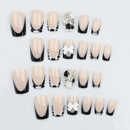 Y2K 24Pcs Set French Style Black & White Tie Dye Polka Dot Press-On Nails, Reusable, With Bowknot, Star Rhinestones, Cute & Chic, Suitable For Dates, Spring, New Year, Christmas, Daily, Birthday, Festival, Spring/Summer New A