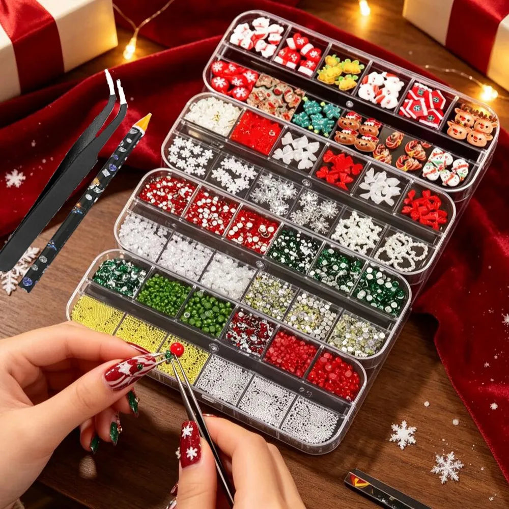 4Box Christmas Nail Charms 3D Snowman Santa Claus Elk, White Snowflakes Red Bow Red & Green Rhinestones Metal Caviar Beads Nails