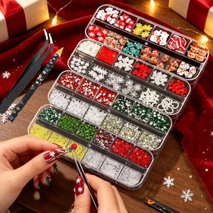 4Box Christmas Nail Charms 3D Snowman Santa Claus Elk, White Snowflakes Red Bow Red & Green Rhinestones Metal Caviar Beads Nails