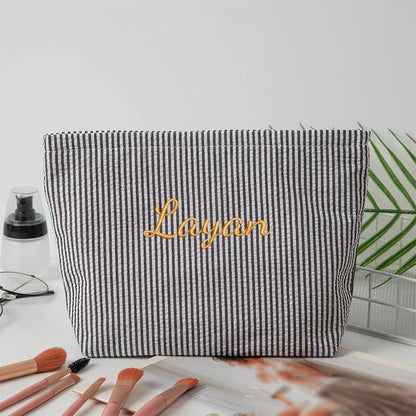 Customised Embroidery/Standard Style 2 Options, Bubble Gauze Striped Makeup Bag, Storage Pouch, Back-to-School Season