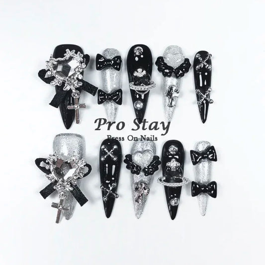 10pcs Dark Black Y2k Hot Girl Handmade Press On Nails Sweet Cool With Diamond Metal Decoration Wearable Artificial False Nail