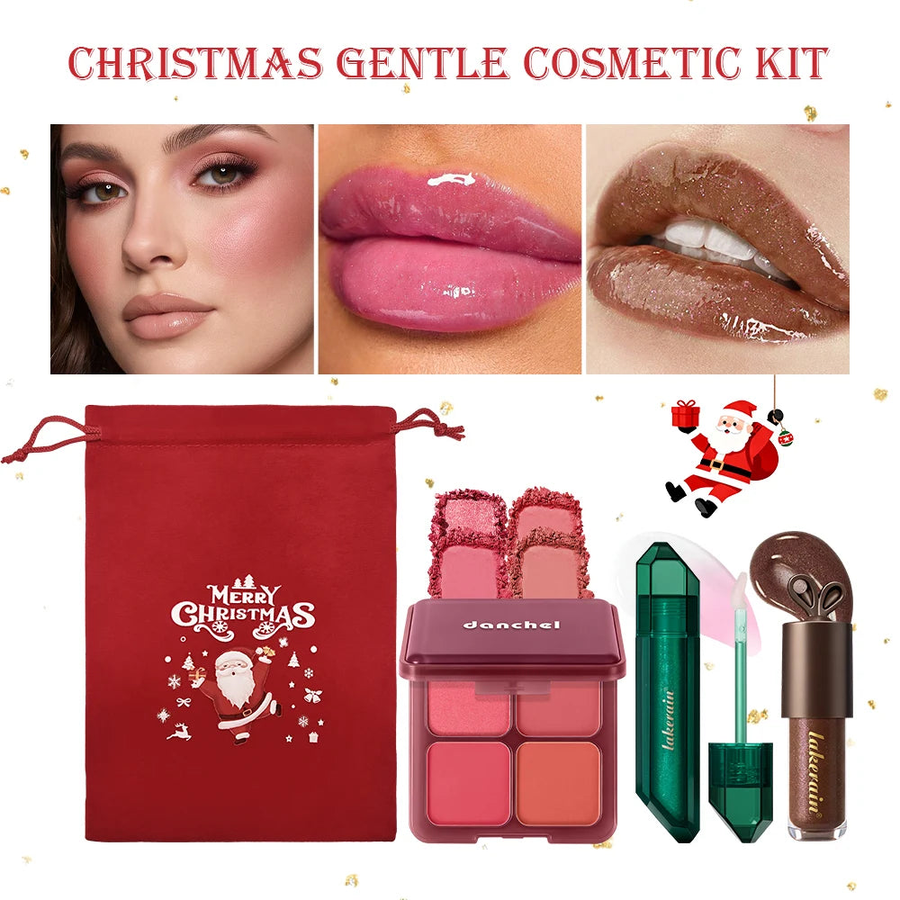 Festive Christmas Makeup Set Chocolate Lip Gloss PH Color Changing Lip Oil Blush Palette High Pigment Hydrating for Holiday Gift