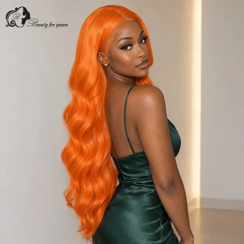 Tangerine Orange Body Wave Wig Long Bleached Knots Voluminous Luxe Glue And Go Bold Soft Brazilian Smooth Deep Parting Lustrous