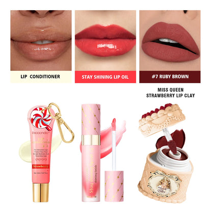 Christmas Limited 2‑in‑1 Lip Gift Set Strawberry Cake Mousse Matte Lip Mud Santa Red Velvet Pouch Lip Balm Lip Oil 7 Shades