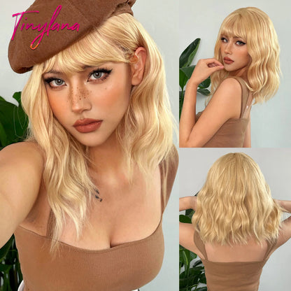 Curly Short Bob Brown Wavy Synthetic Wigs with Bangs Lolita Cosplay Brown Wig for Women Natural Daily Party Hair Heat Resistant