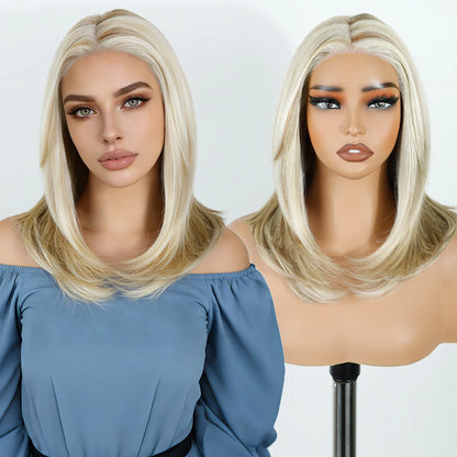FASHION IDOL 16 Inch 13x3 Lace Front Wigs Synthetic Straight Hair Layered Ombre Brown Free Part Pre-Plucked Bob Wigs for Women