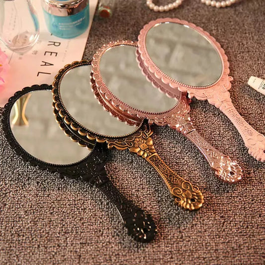 Creative Retro Makeup HD Mirror With Handle Women Bathroom Plastic Patterned Make Up Mirror Portable Handheld Antique Vanity