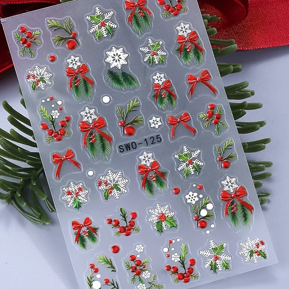 2PCS Winter Christmas relief nail stickers, easy to apply for nail decoration DIY、Gifts, parties, and wedding makeup and styling