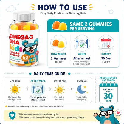 Omega 3 DHA Kids Gummies Brain & Cognitive Eye & Immune Health with Omega 6, 9 & Vitamin C Ages 2+ Non-GMO Gluten Free | 60ct