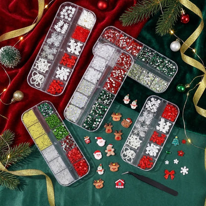 4Box Christmas Nail Charms 3D Snowman Santa Claus Elk, White Snowflakes Red Bow Red & Green Rhinestones Metal Caviar Beads Nails