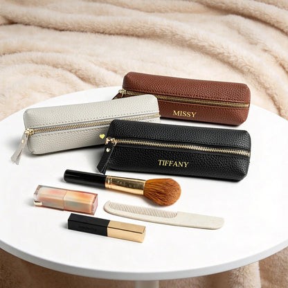 Travel Luxury PU Leather Engrave Name Cosmetic Bag Zipper Fashion Small Make Up Bag Business Pen Pouch Versatile Storage Bags