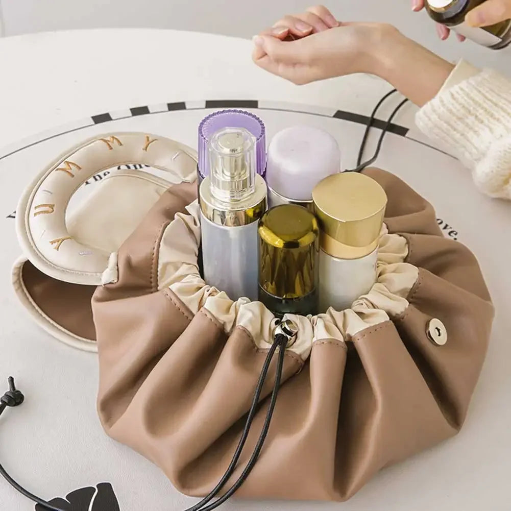 Large Capacity Portable Drawstring Cosmetic Bag for Women, Travel Daily Use Toiletry Storage Pouch Makeup Organizer