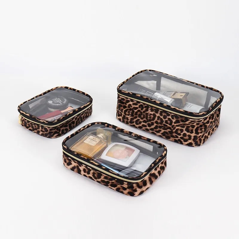 Transparent Leopard Print Clear Makeup Bag Large Capacity Travel Make Up Cosmetic Organizer Zipper Waterproof Cosmetic Bag