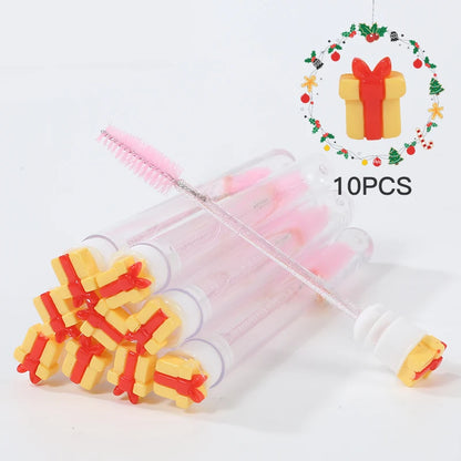10Pcs Christmas Eyelash Brushes Set Santa Mascara Wand with Case Spoolie Eyebrow Comb Festive Makeup Tool Xmas Gift for Women